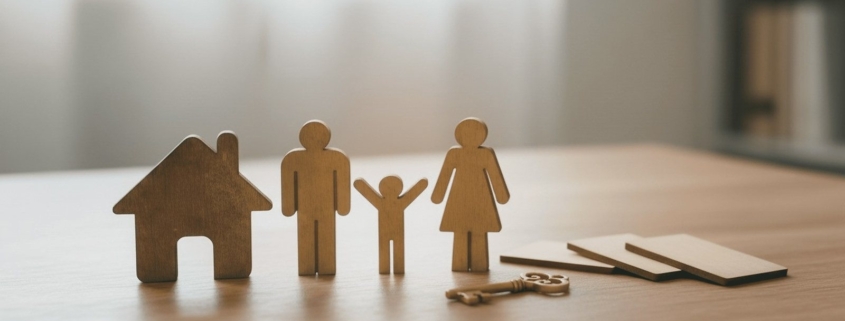Erbengemeinschaft auflösen Immobilie Oberding: Holzfiguren einer Familie mit Haus und Schlüssel