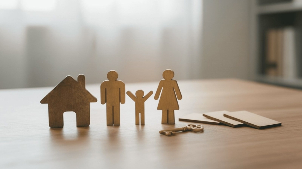 Holzfiguren einer Familie mit Haus und Schlüssel (Scheidungsimmobilie Giesing)